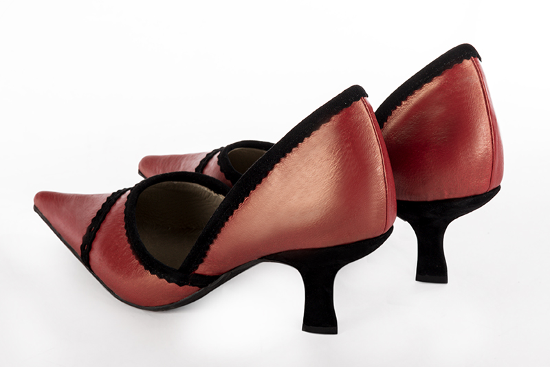 Cardinal red and matt black women's open arch dress pumps. Pointed toe. Medium spool heels. Rear view - Florence KOOIJMAN
